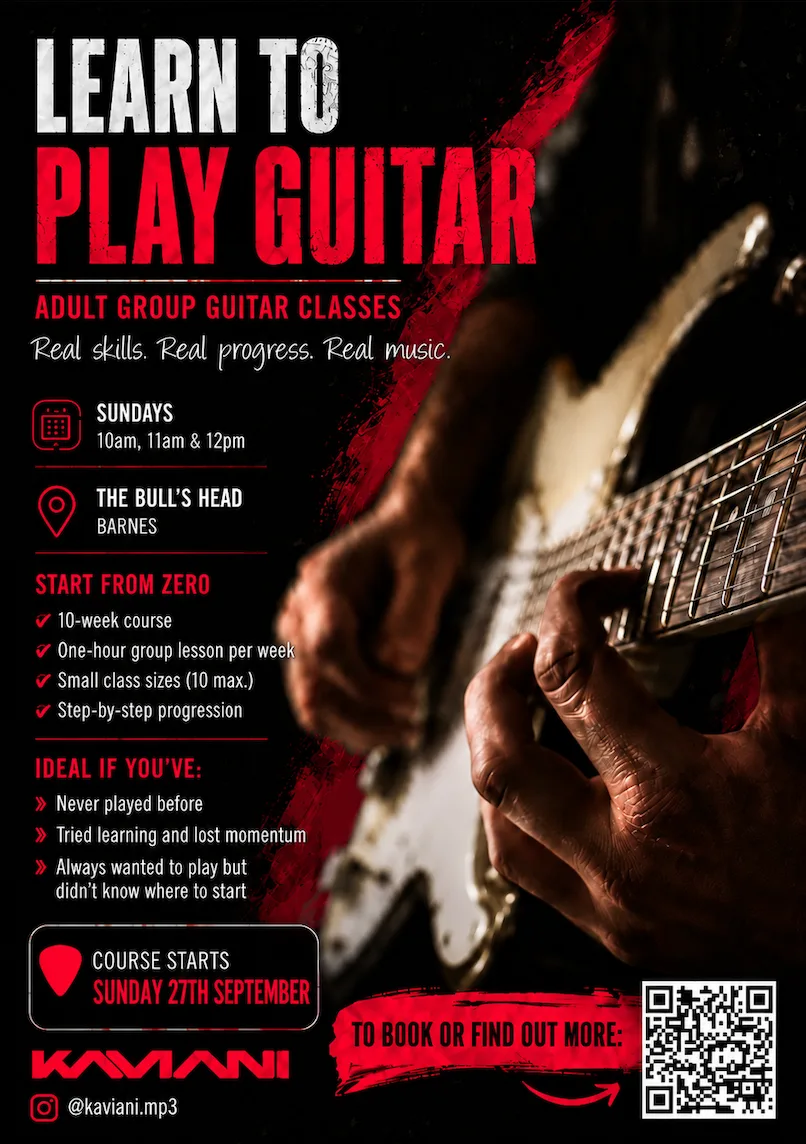 Learn to Play Guitar — adult group guitar classes at The Bull's Head, Barnes. Sundays 10am, 11am & 12pm. Course starts Sunday 27th September.