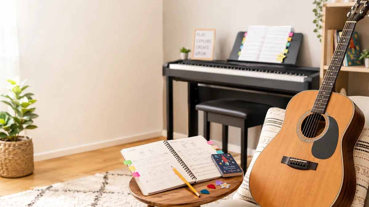Music lesson space with guitar and keyboard